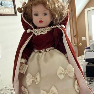 Classic Red Velvet Hooded Doll with Ivory Satin Dress